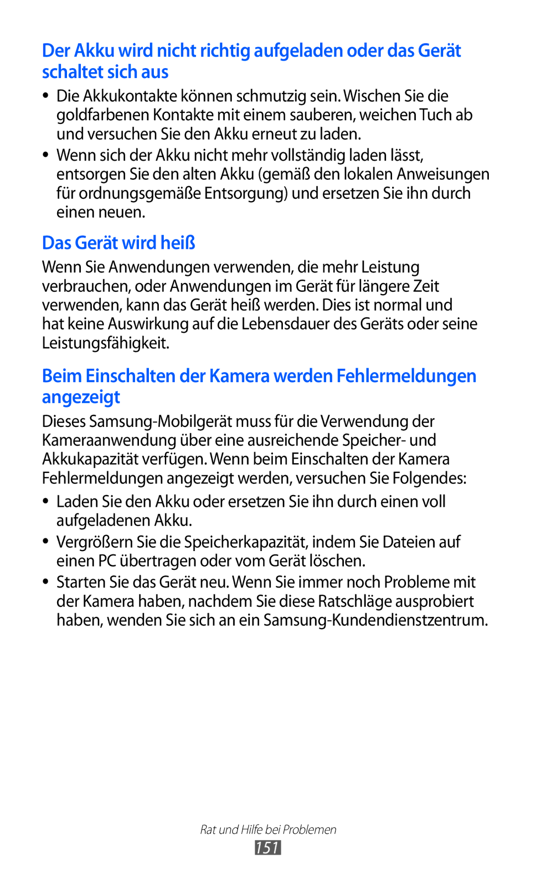 Samsung GT-I9100LKATPH, GT-I9100LKAXSP, GT-I9100LKAVIA, GT-I9100RWAEPL, GT-I9100RWATUR manual Das Gerät wird heiß, 151 