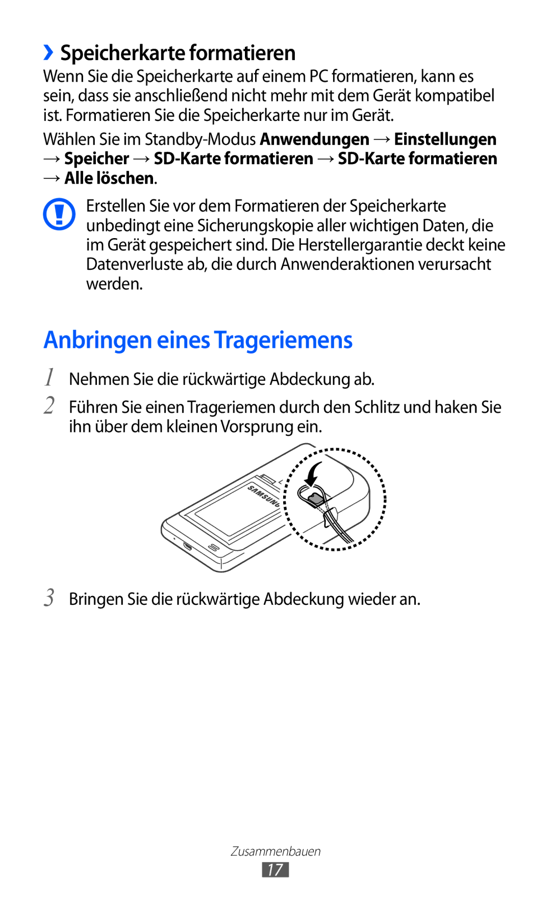 Samsung GT-I9100RWAMBC, GT-I9100LKAXSP manual Anbringen eines Trageriemens, ››Speicherkarte formatieren, → Alle löschen 