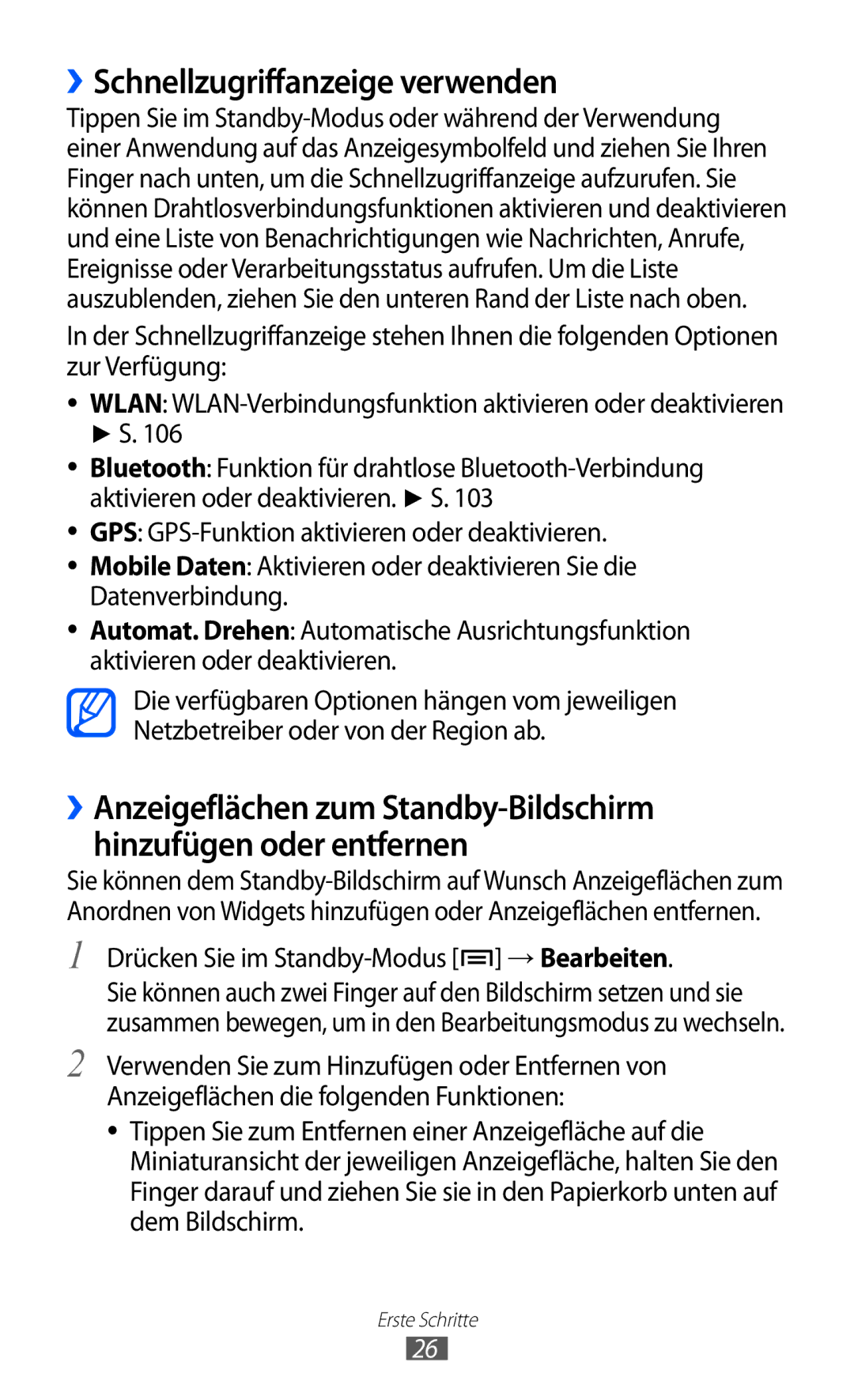 Samsung GT-I9100RWADBT, GT-I9100LKAXSP manual ››Schnellzugriffanzeige verwenden, Drücken Sie im Standby-Modus → Bearbeiten 