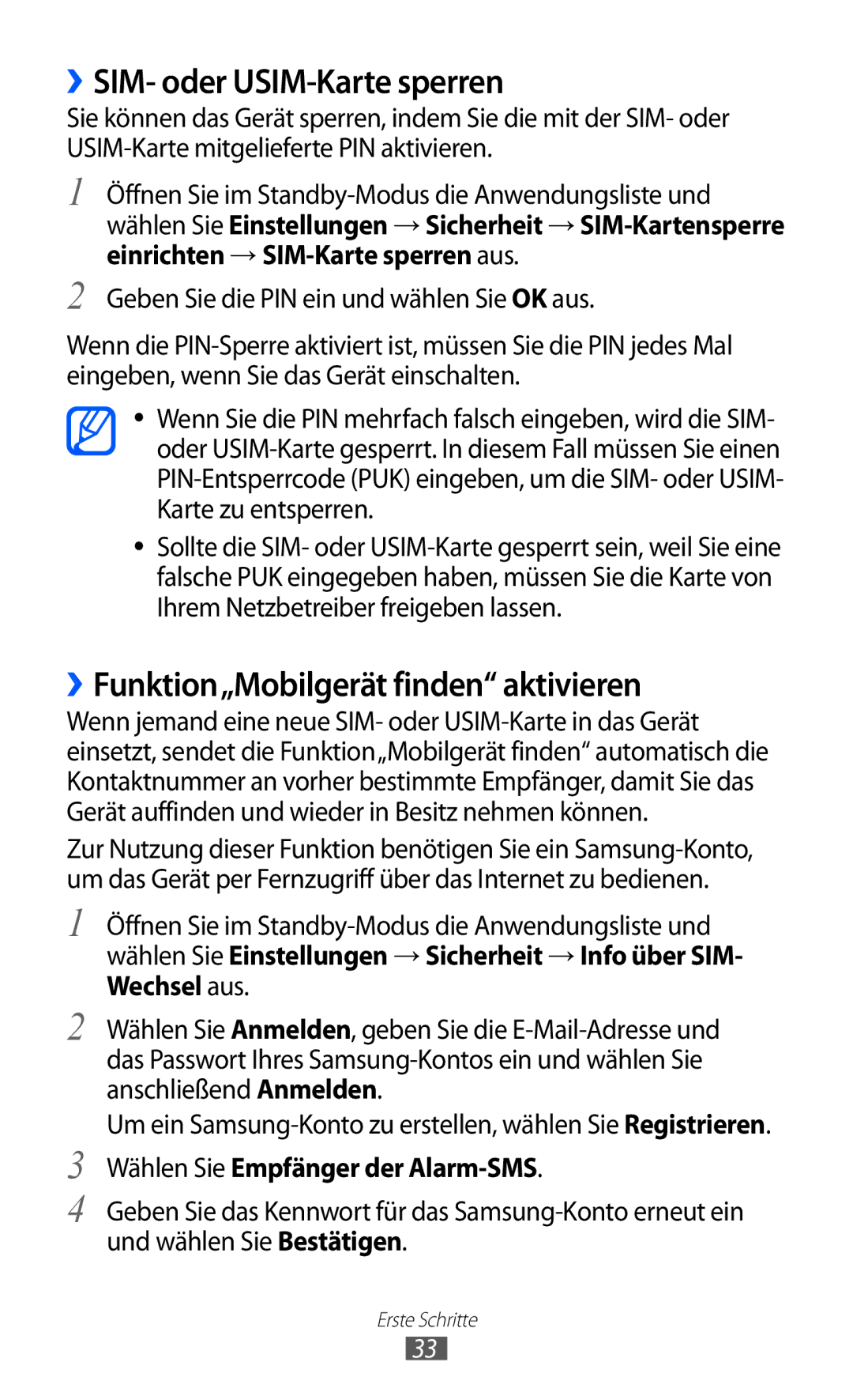 Samsung GT-I9100LKAMOB, GT-I9100LKAXSP manual ››SIM- oder USIM-Karte sperren, ››Funktion„Mobilgerät finden aktivieren 