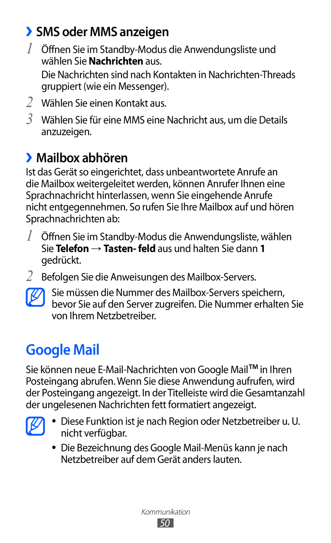 Samsung GT-I9100RWAITV, GT-I9100LKAXSP, GT-I9100LKAVIA manual Google Mail, ››SMS oder MMS anzeigen, ››Mailbox abhören 