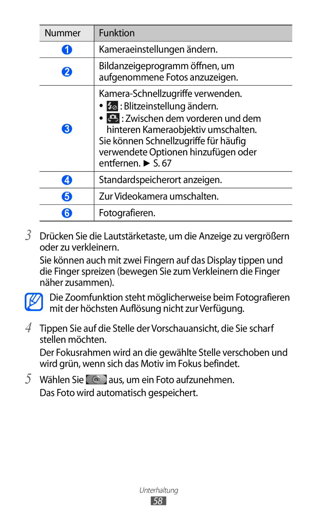 Samsung GT-I9100LKADBT, GT-I9100LKAXSP manual Nummer Funktion Kameraeinstellungen ändern, Zwischen dem vorderen und dem 