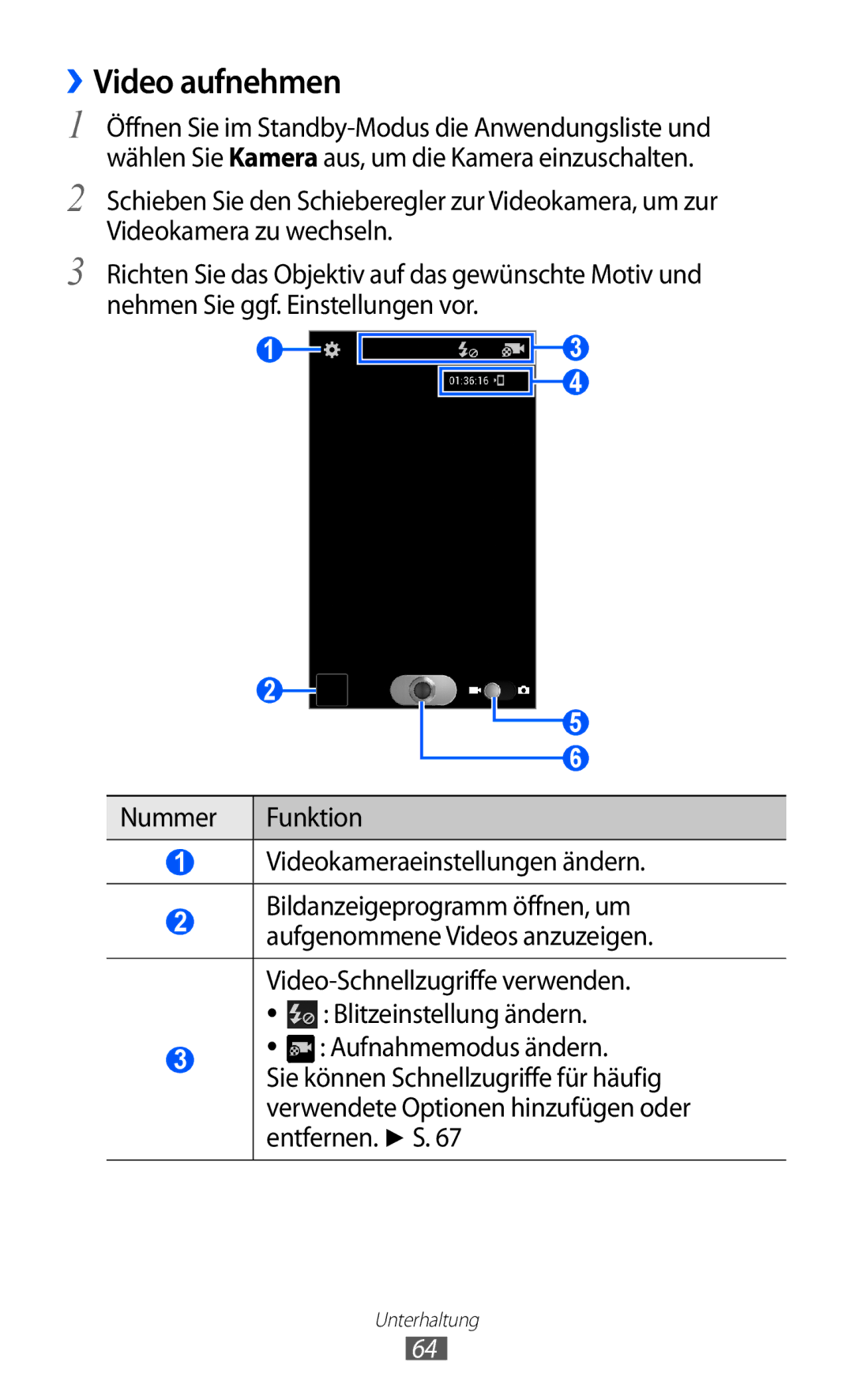 Samsung GT-I9100LKAXEG manual ››Video aufnehmen, Video-Schnellzugriffe verwenden, Blitzeinstellung ändern, Entfernen. S 