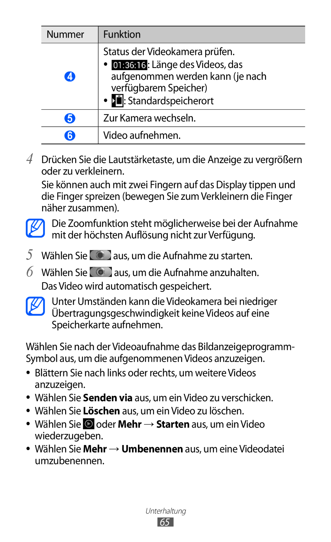 Samsung GT-I9100LKAMBC manual Nummer Funktion Status der Videokamera prüfen, Wählen Sie aus, um die Aufnahme zu starten 