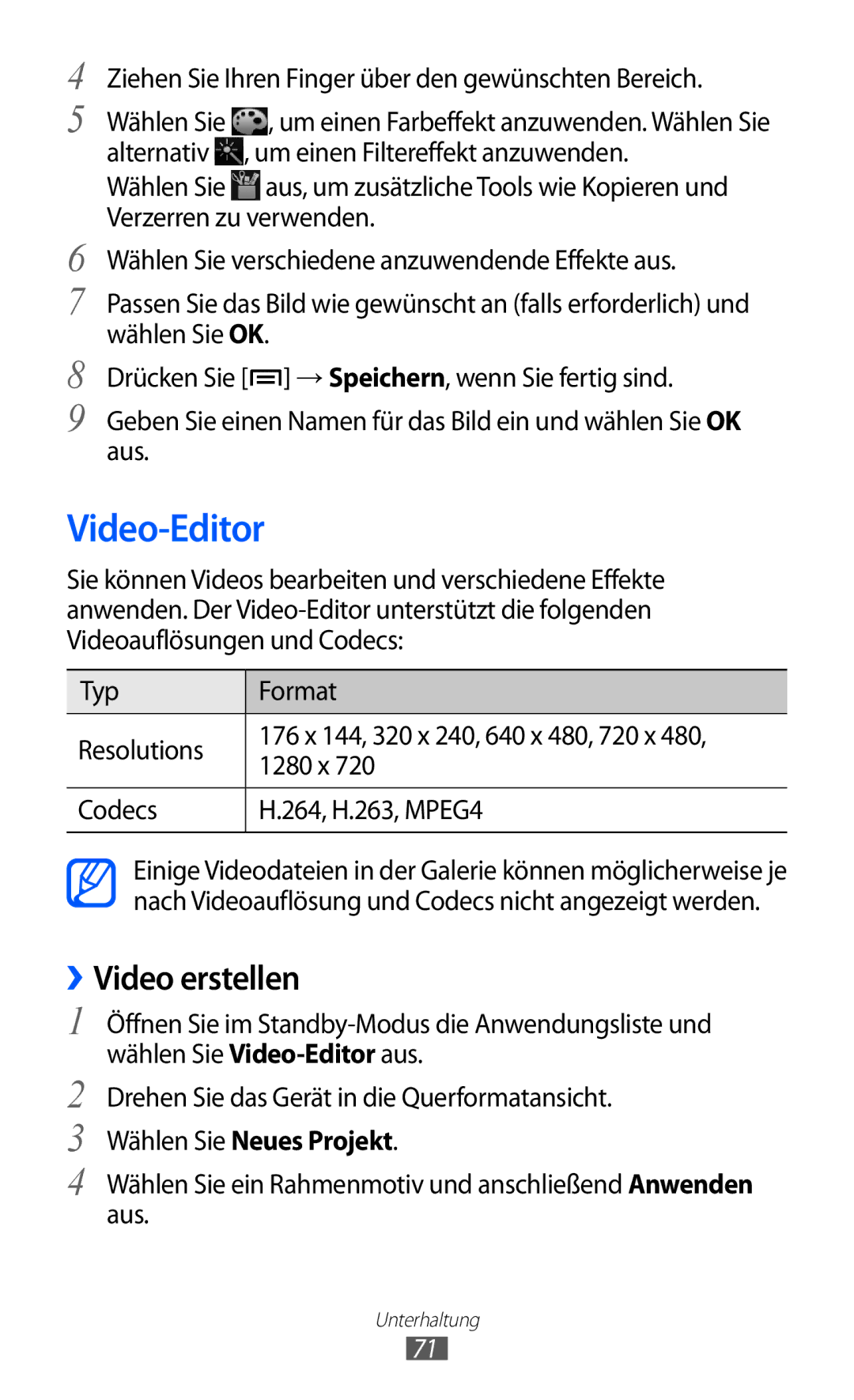 Samsung GT-I9100LKNSFR, GT-I9100LKAXSP, GT-I9100LKAVIA manual Video-Editor, ››Video erstellen, Wählen Sie Neues Projekt 