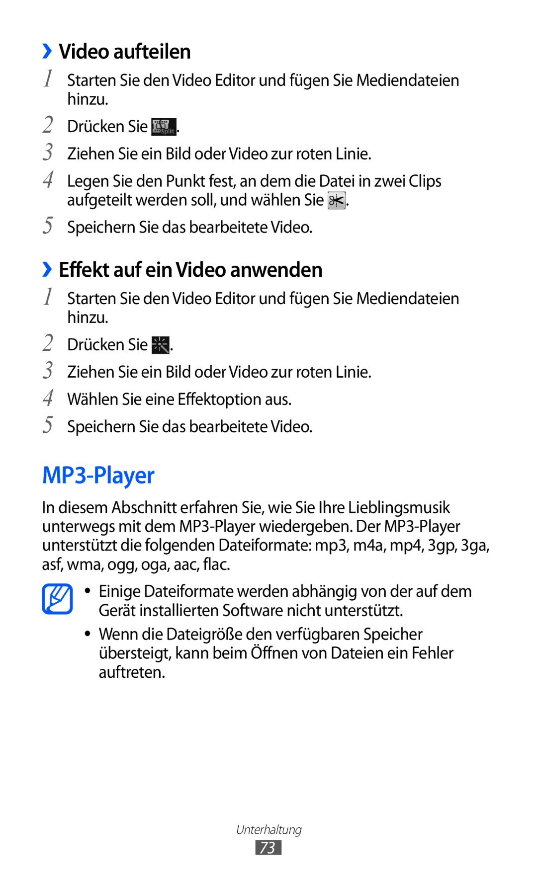 Samsung GT-I9100LKAVIA, GT-I9100LKAXSP, GT-I9100RWAEPL manual MP3-Player, ››Video aufteilen, ››Effekt auf ein Video anwenden 
