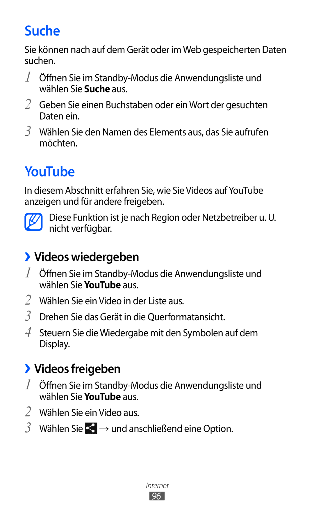 Samsung GT-I9100LKADRE, GT-I9100LKAXSP, GT-I9100LKAVIA manual Suche, YouTube, ››Videos wiedergeben, ››Videos freigeben 