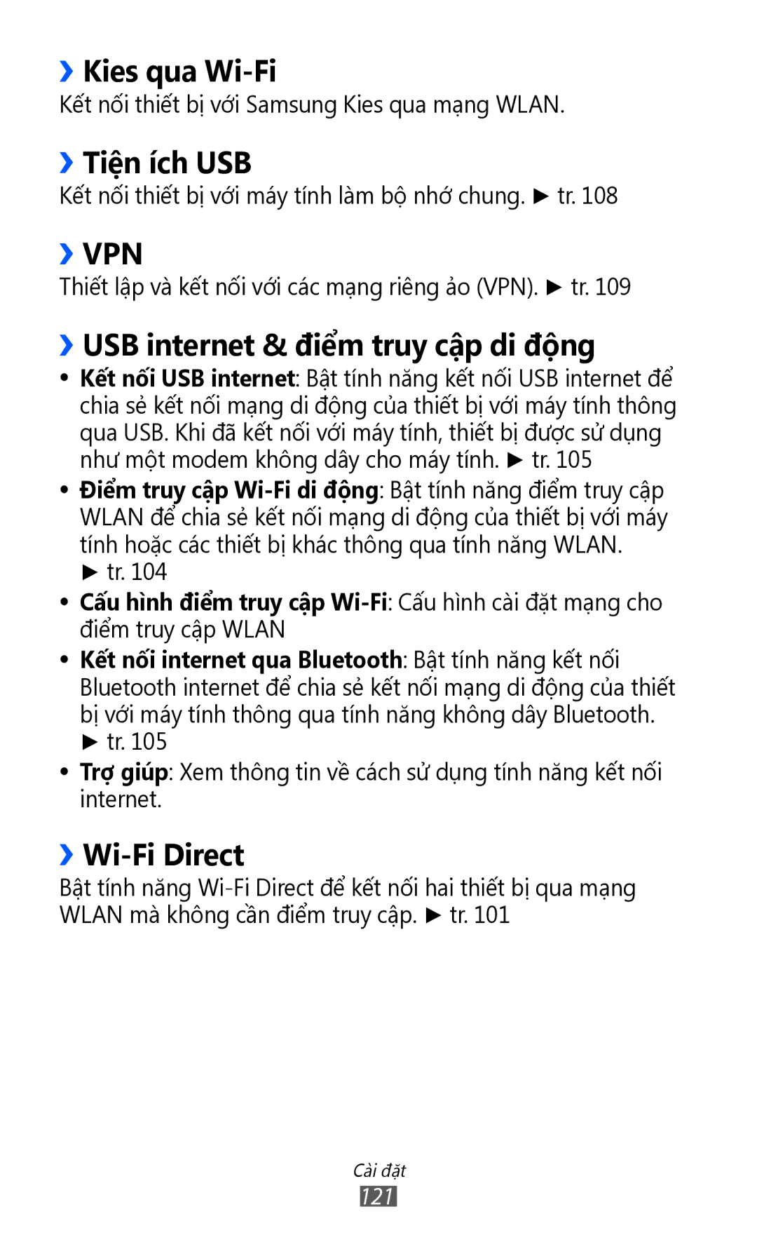 Samsung GT-I9100RWAXXV manual ››Kies qua Wi-Fi, ››Tiên ich USB, ››USB internet & điểm truy cập di động, ››Wi-Fi Direct 