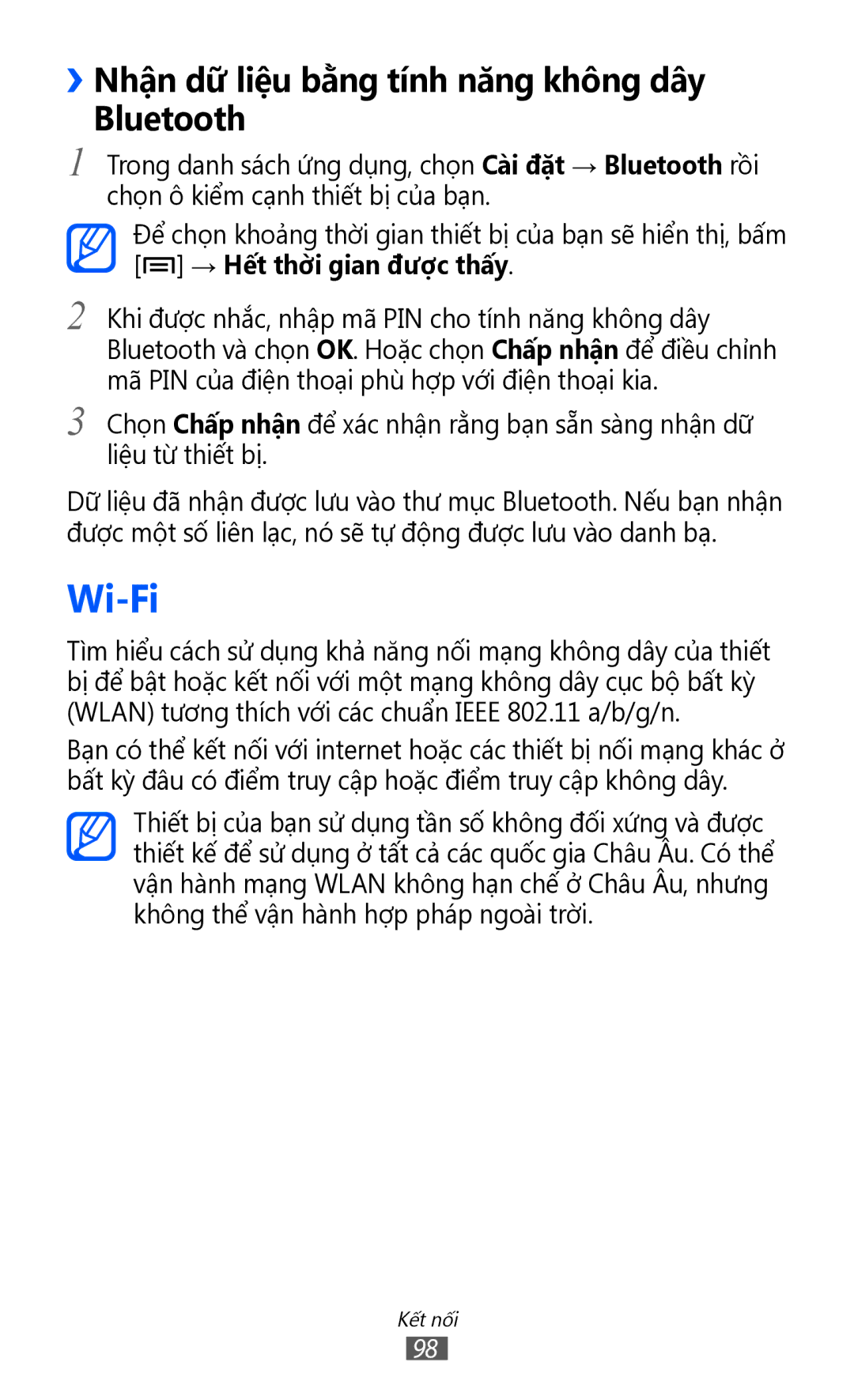 Samsung GT-I9100RWAXEV, GT-I9100LKAXXV, GT-I9100RWAXXV manual Wi-Fi, ››Nhận dữ liệu bằng tính năng không dây Bluetooth 