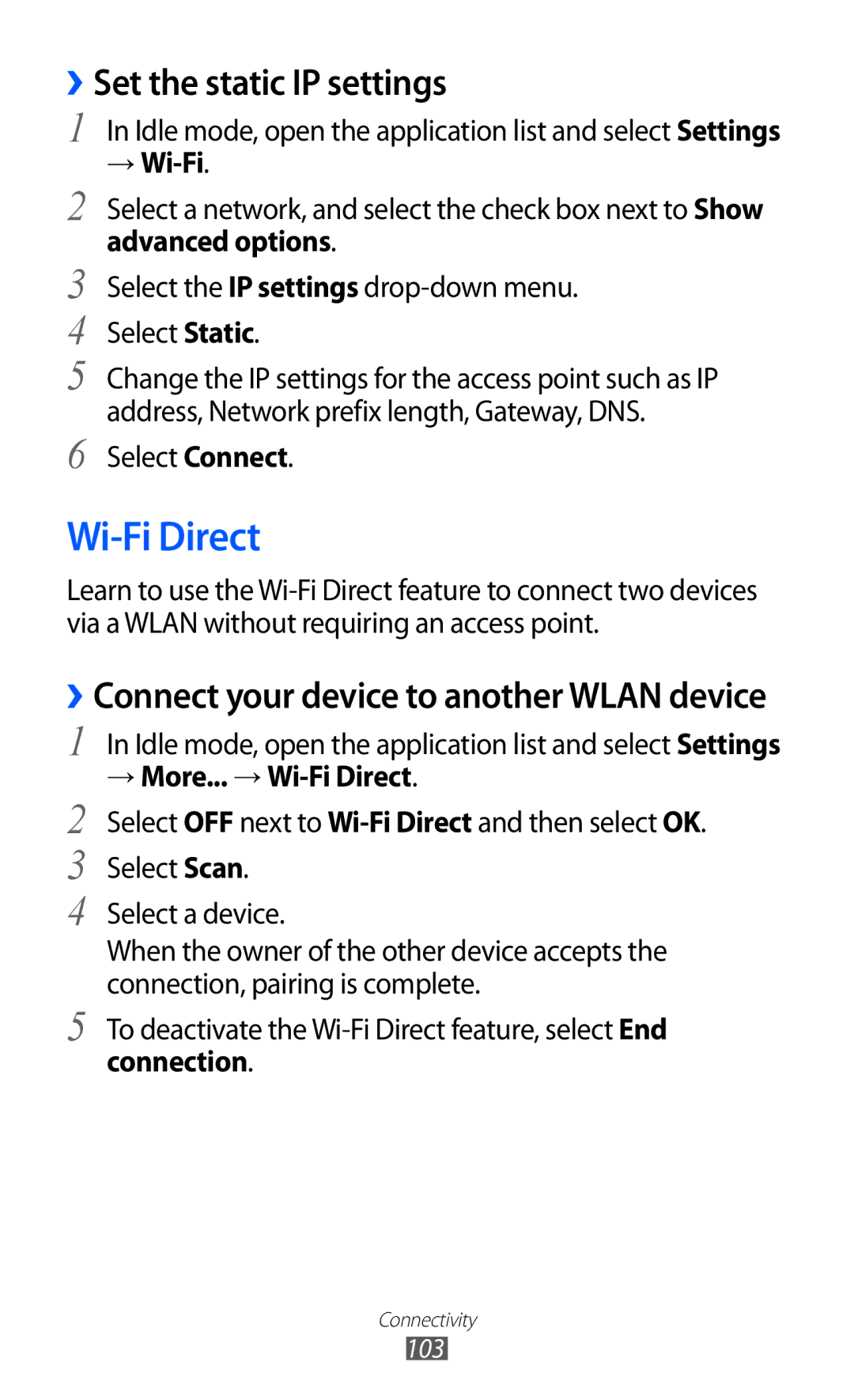 Samsung GT-I9100LKGXSK manual ››Set the static IP settings, Advanced options, → More... → Wi-Fi Direct, Connection 