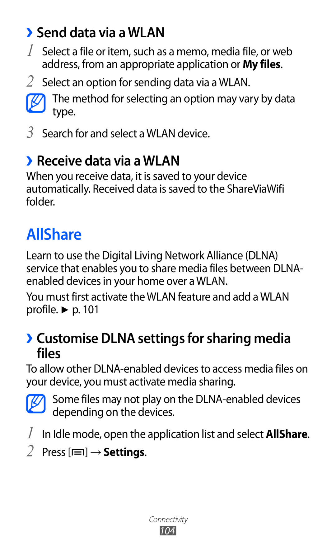 Samsung GT-I9100LKGDBT, GT-I9100RWGDBT, GT-I9100LKGXEF manual AllShare, ››Send data via a Wlan, ››Receive data via a Wlan 