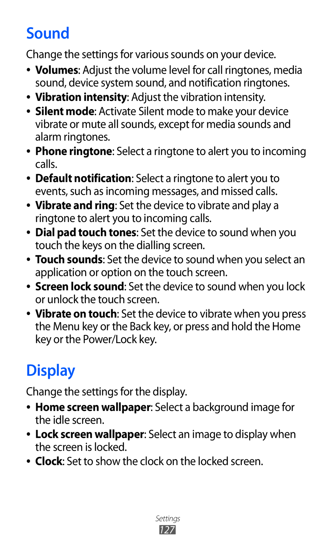 Samsung GT-I9100LKGXSK, GT-I9100LKGDBT manual Sound, Display, Change the settings for various sounds on your device 