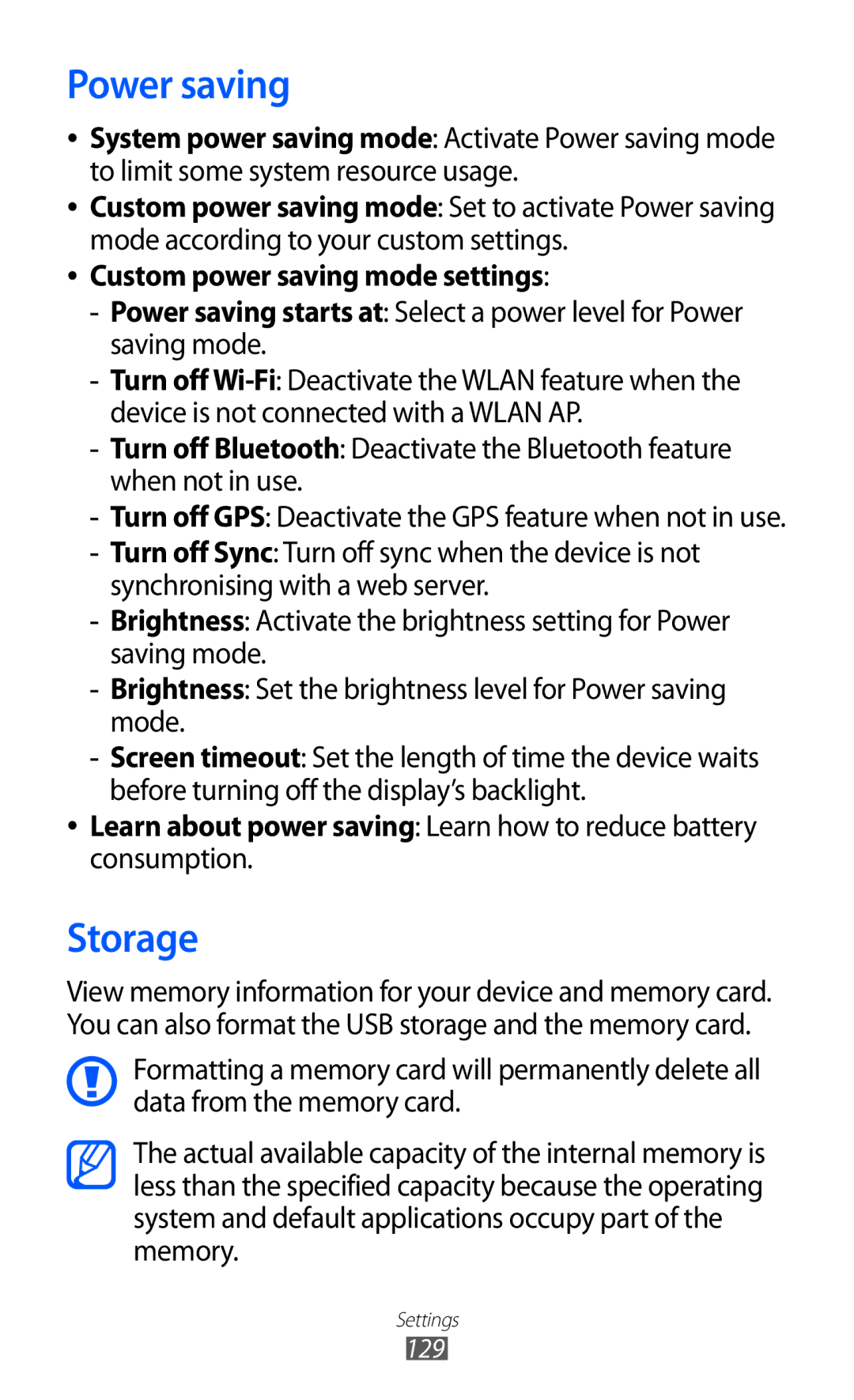 Samsung GT-I9100RWGDBT, GT-I9100LKGDBT, GT-I9100LKGXEF, GT-I9100RWGXEF, GT-I9100OIGXEF, GT-I9100RWGXEZ Power saving, Storage 