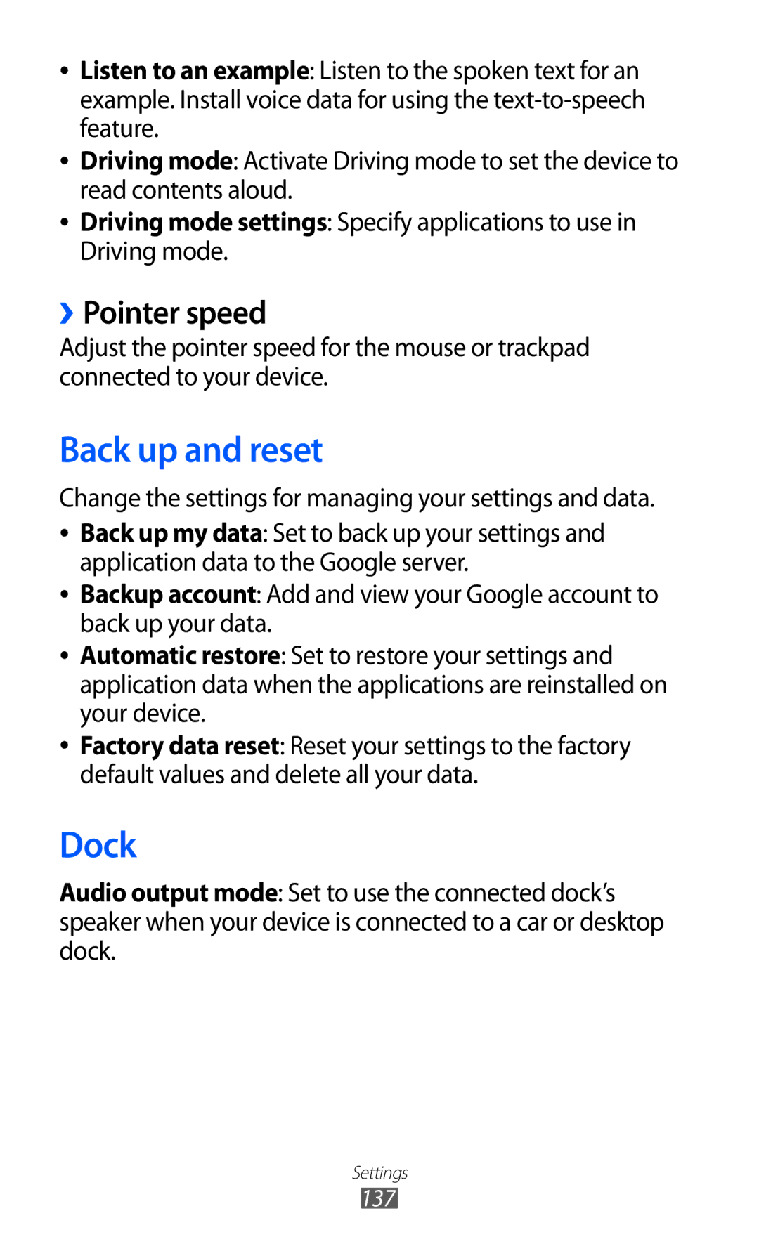 Samsung GT-I9100RWGDBT Back up and reset, Dock, ››Pointer speed, Change the settings for managing your settings and data 