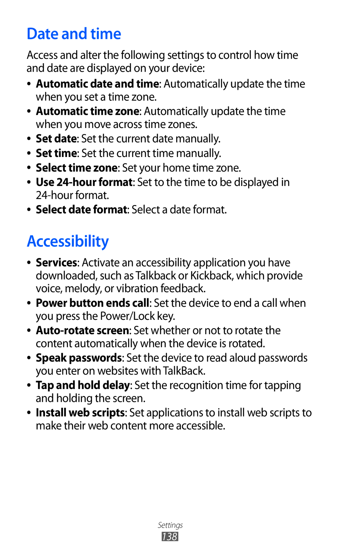 Samsung GT-I9100LKGXEF, GT-I9100LKGDBT, GT-I9100RWGDBT, GT-I9100RWGXEF, GT-I9100OIGXEF manual Date and time, Accessibility 