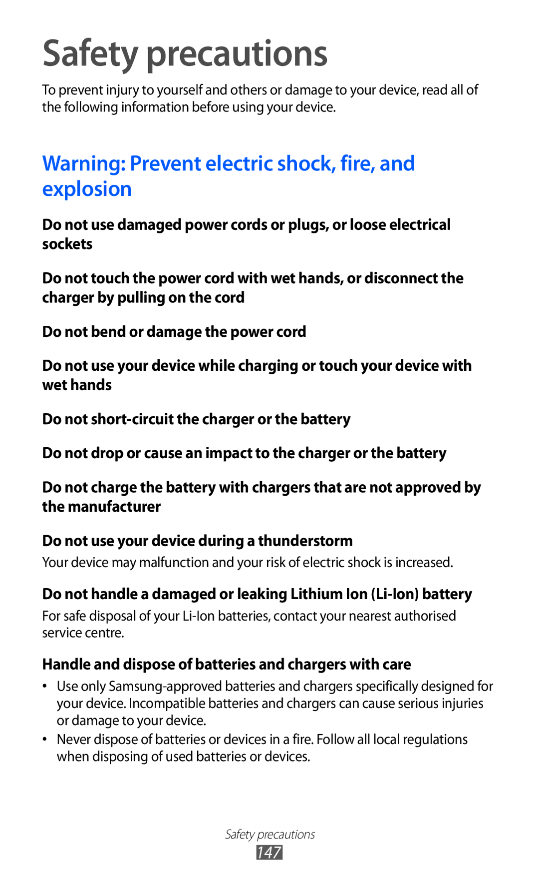 Samsung GT-I9100RWGXEF, GT-I9100LKGDBT manual Safety precautions, Handle and dispose of batteries and chargers with care 