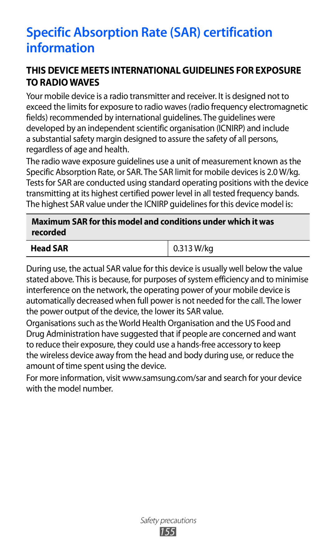 Samsung GT-I9100RWGXEF, GT-I9100LKGDBT, GT-I9100RWGDBT manual Specific Absorption Rate SAR certification information 