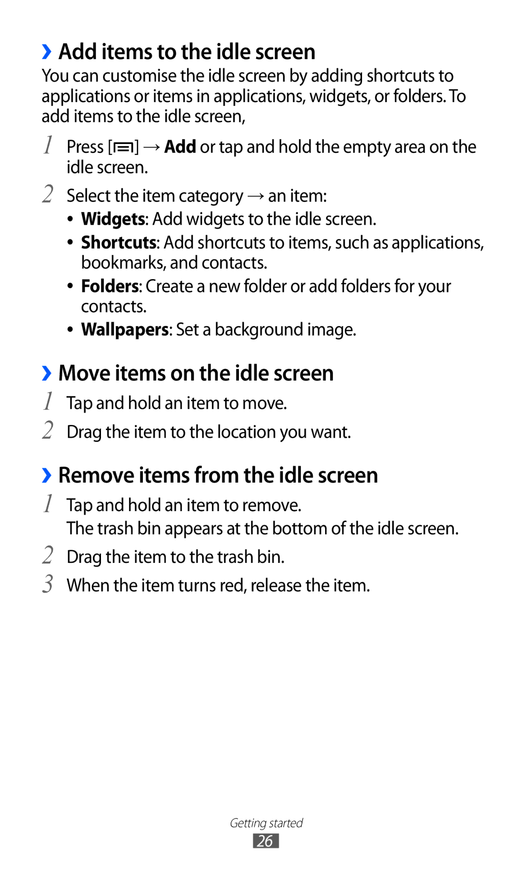 Samsung GT-I9100LKGXEF, GT-I9100LKGDBT, GT-I9100RWGDBT manual ››Add items to the idle screen, ››Move items on the idle screen 