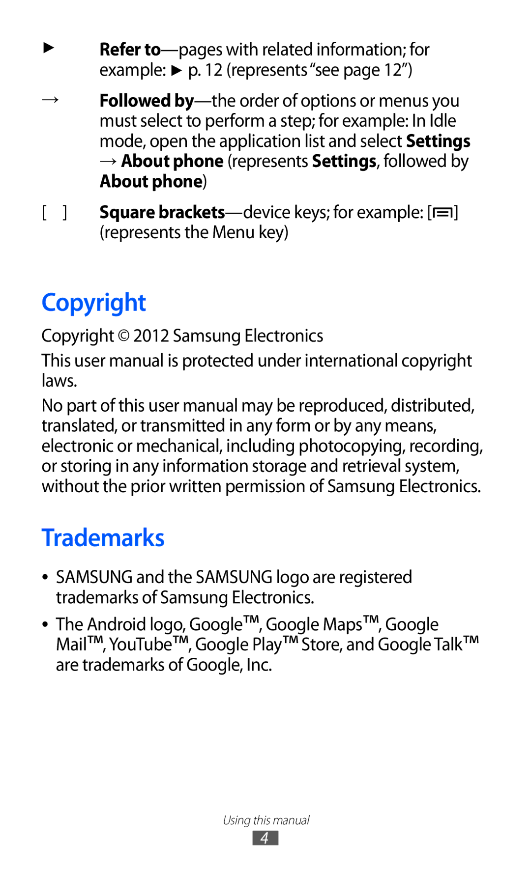 Samsung GT-I9100OIGXEF, GT-I9100LKGDBT manual Trademarks, Represents the Menu key, Copyright 2012 Samsung Electronics 