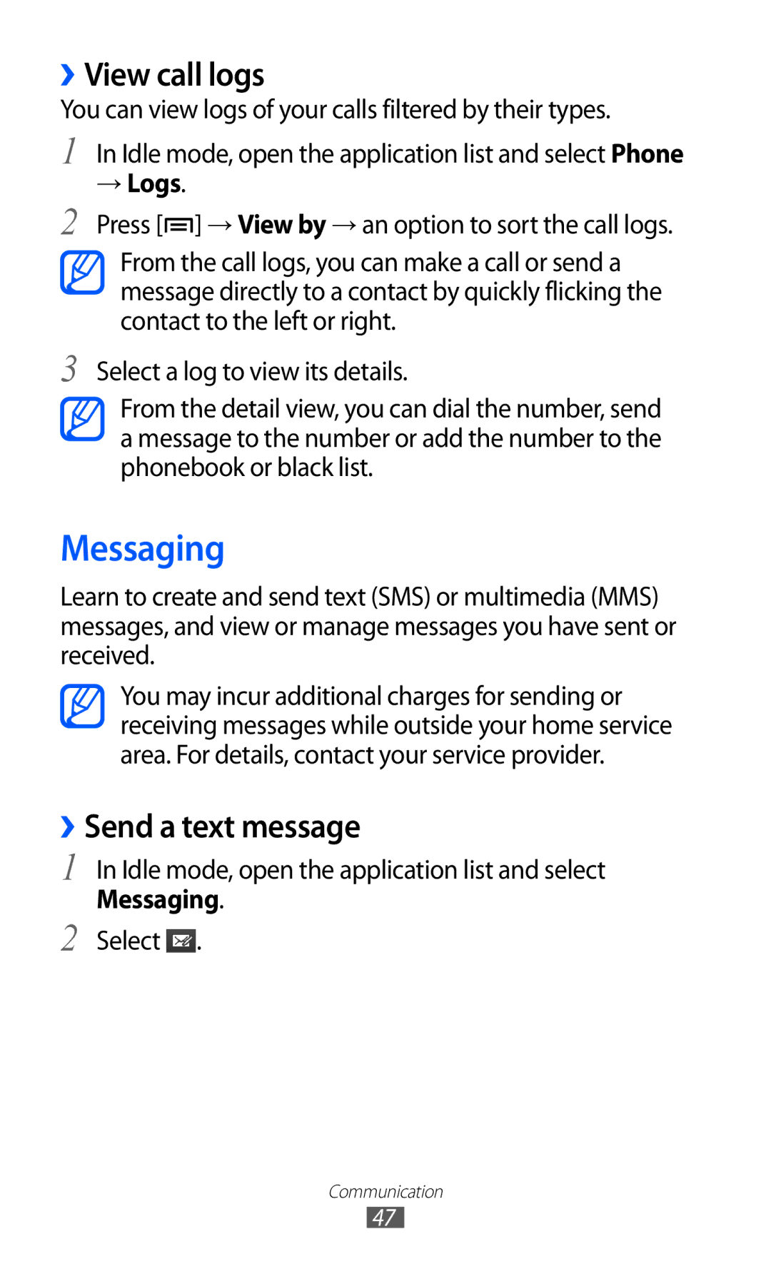 Samsung GT-I9100LKGXSK, GT-I9100LKGDBT, GT-I9100RWGDBT manual Messaging, ››View call logs, ››Send a text message, → Logs 
