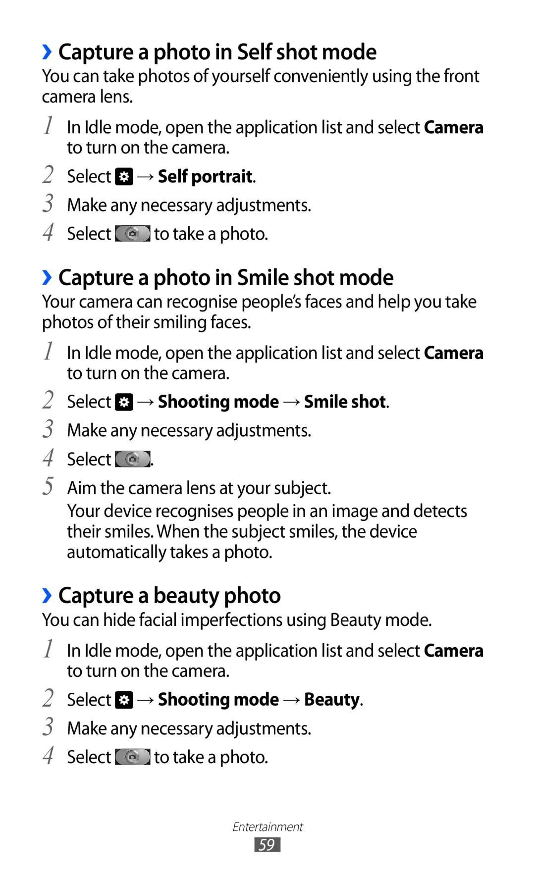 Samsung GT-I9100RWGXEF ››Capture a photo in Self shot mode, ››Capture a photo in Smile shot mode, ››Capture a beauty photo 