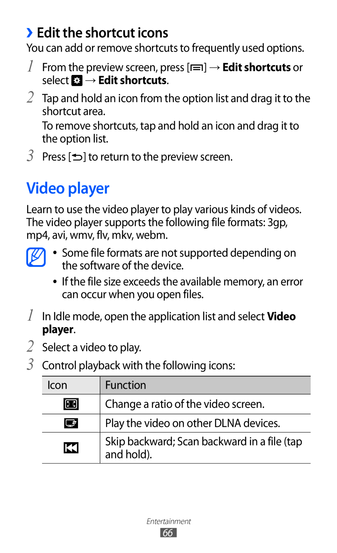 Samsung GT-I9100LKGXEF, GT-I9100LKGDBT, GT-I9100RWGDBT, GT-I9100RWGXEF manual Video player, ››Edit the shortcut icons 