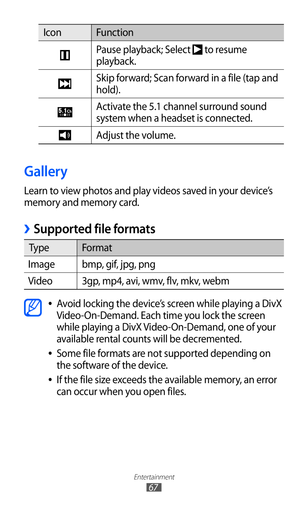 Samsung GT-I9100RWGXEF, GT-I9100LKGDBT, GT-I9100RWGDBT, GT-I9100LKGXEF, GT-I9100OIGXEF manual Gallery, Supported file formats 