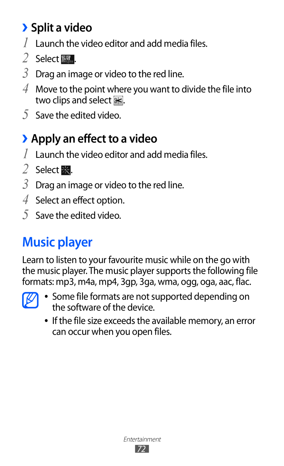 Samsung GT-I9100LKGDBT, GT-I9100RWGDBT, GT-I9100LKGXEF manual Music player, ››Split a video, ››Apply an effect to a video 