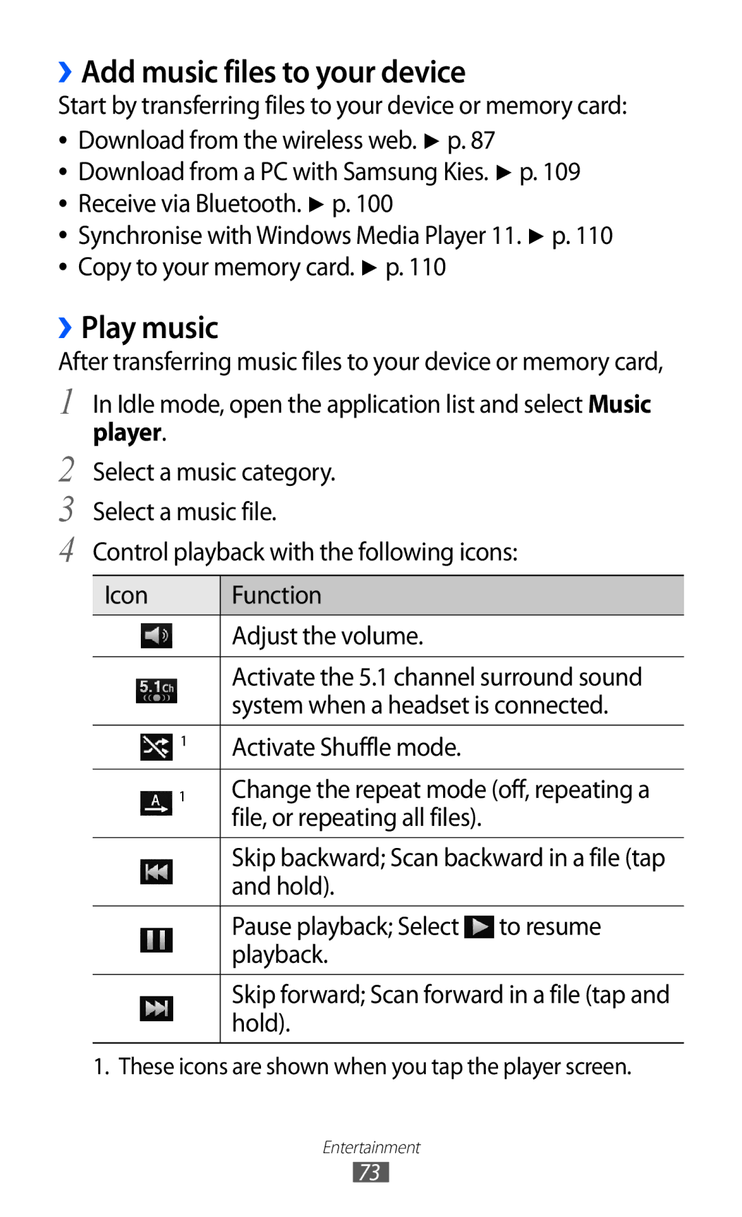 Samsung GT-I9100RWGDBT, GT-I9100LKGDBT, GT-I9100LKGXEF, GT-I9100RWGXEF manual ››Add music files to your device, ››Play music 