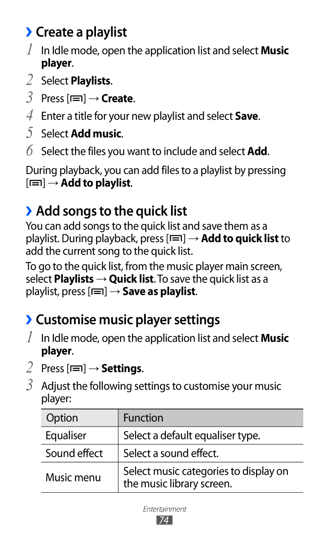 Samsung GT-I9100LKGXEF manual ››Create a playlist, ››Add songs to the quick list, ››Customise music player settings 