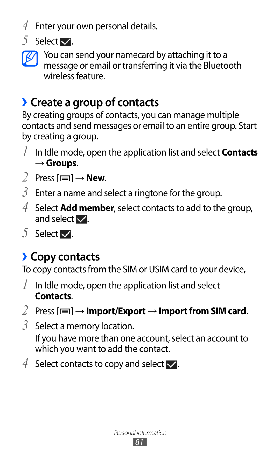 Samsung GT-I9100RWGDBT, GT-I9100LKGDBT, GT-I9100LKGXEF manual ››Create a group of contacts, ››Copy contacts, → Groups 