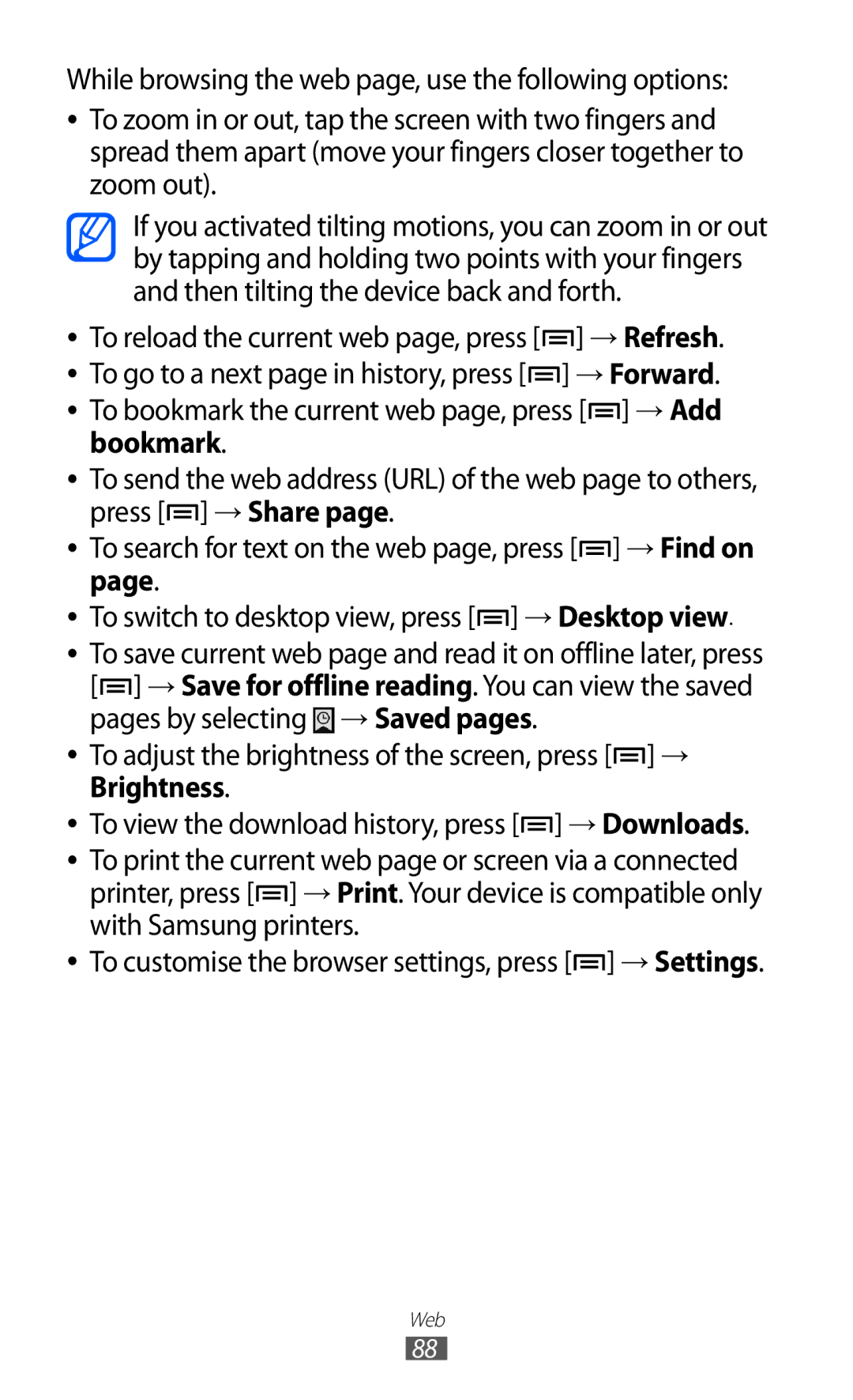 Samsung GT-I9100LKGDBT, GT-I9100RWGDBT, GT-I9100LKGXEF Bookmark, To adjust the brightness of the screen, press → Brightness 