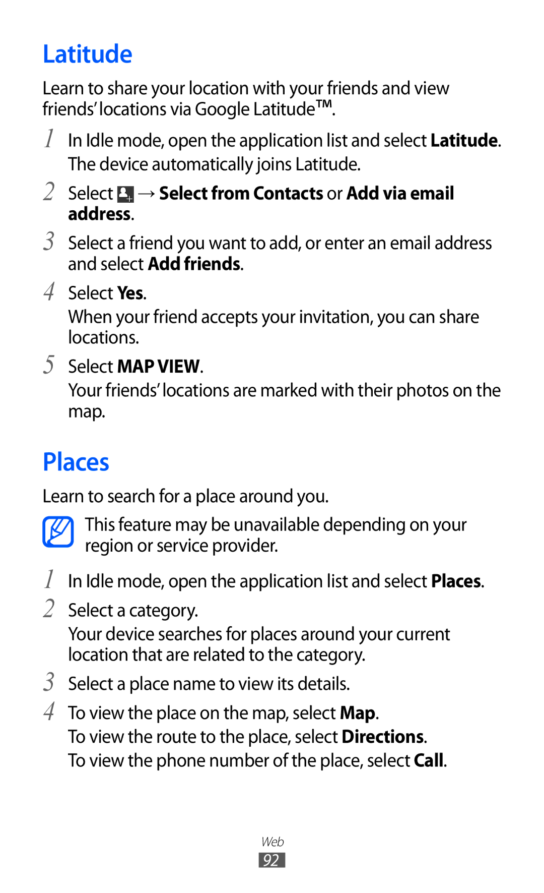 Samsung GT-I9100OIGXEF, GT-I9100LKGDBT manual Latitude, Places, Select → Select from Contacts or Add via email address 