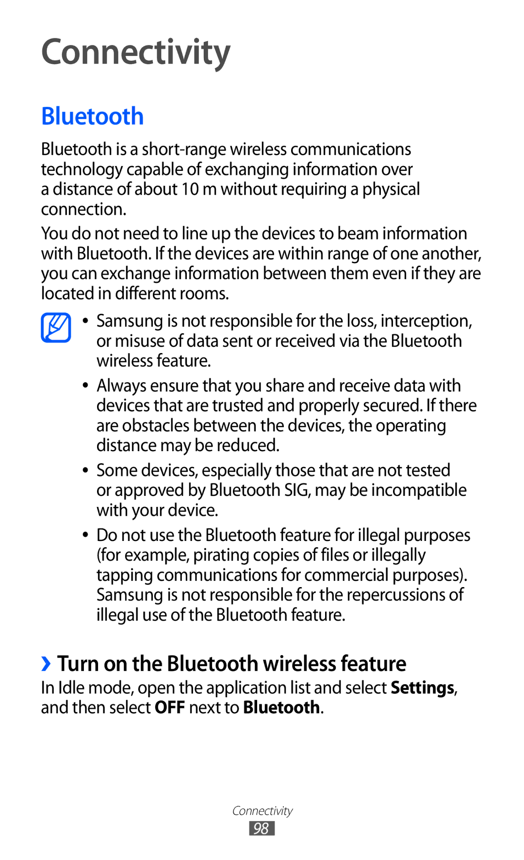 Samsung GT-I9100LKGXEF, GT-I9100LKGDBT, GT-I9100RWGDBT manual Connectivity, ››Turn on the Bluetooth wireless feature 