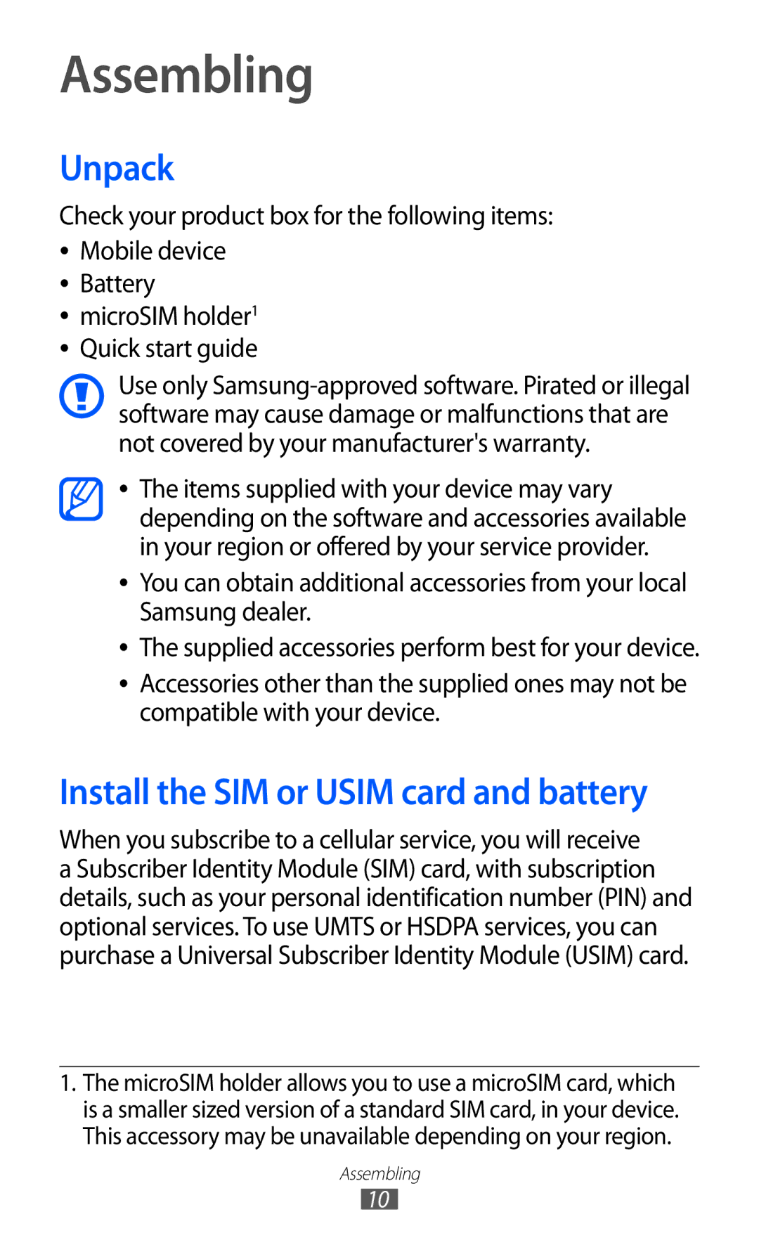 Samsung GT-I9100LKGXEF, GT-I9100LKGDBT, GT-I9100RWGDBT, GT-I9100RWGXEF, GT-I9100OIGXEF, GT-I9100RWGXEZ manual Assembling, Unpack 