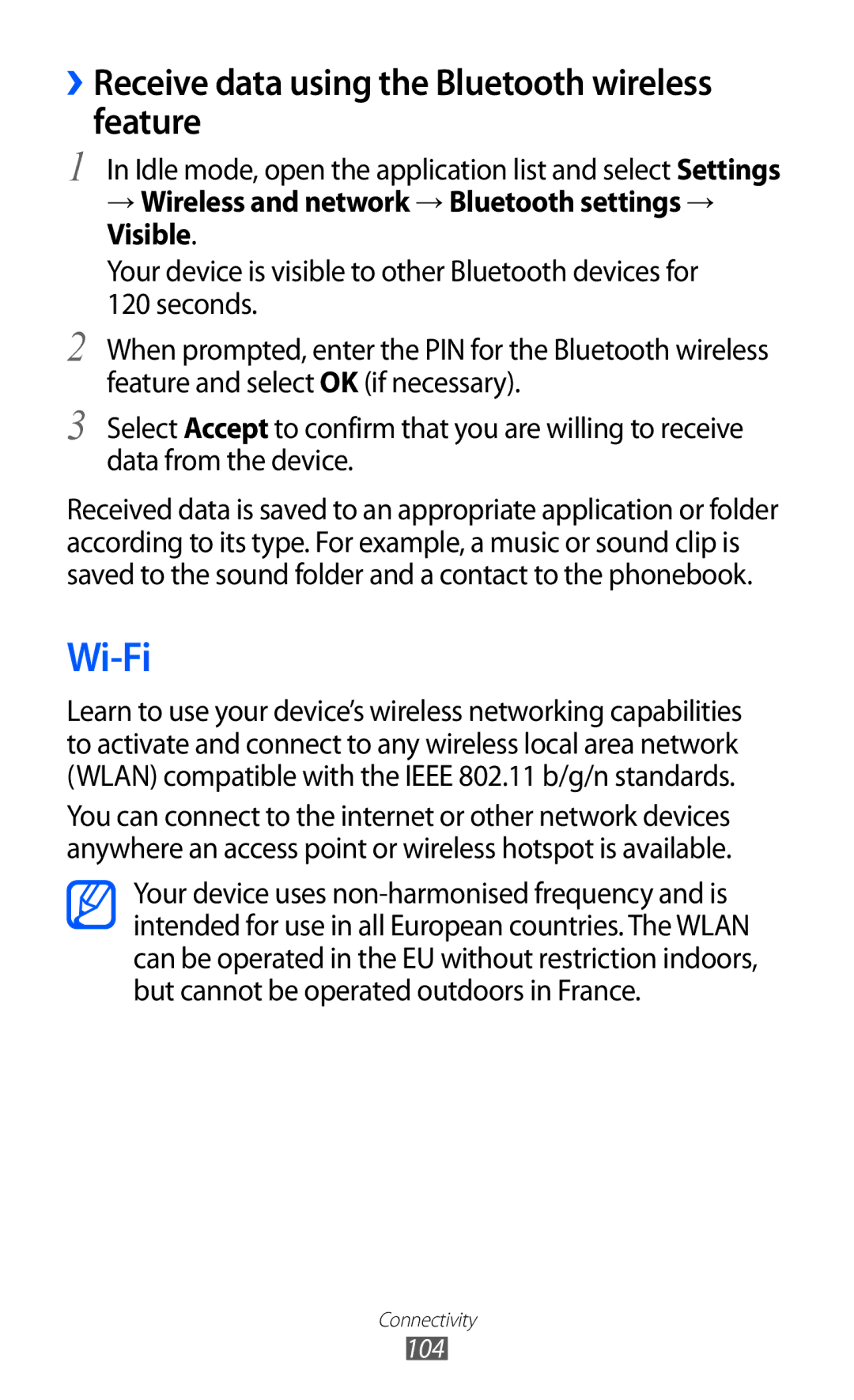 Samsung GT-I9100LKGDBT, GT-I9100RWGDBT, GT-I9100LKGXEF manual Wi-Fi, ››Receive data using the Bluetooth wireless feature 