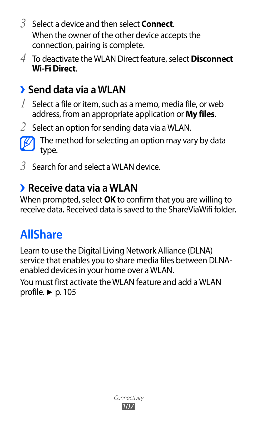 Samsung GT-I9100RWGXEF, GT-I9100LKGDBT manual AllShare, ››Send data via a Wlan, ››Receive data via a Wlan, Wi-Fi Direct 