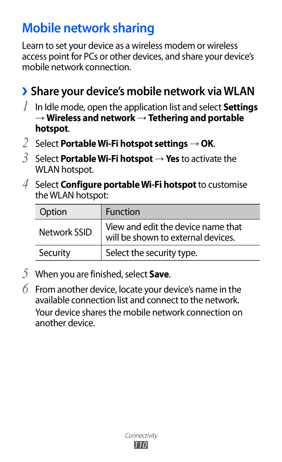 Samsung GT-I9100LKGXEZ, GT-I9100LKGDBT manual Mobile network sharing, ››Share your device’s mobile network via Wlan 