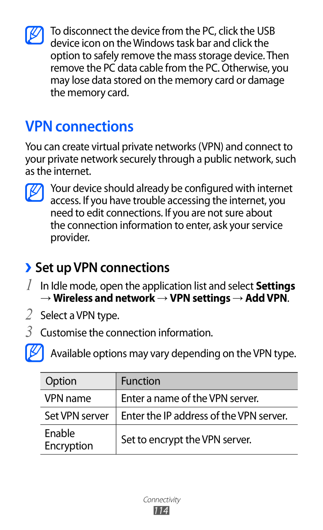 Samsung GT-I9100LKGXEF, GT-I9100LKGDBT manual ››Set up VPN connections, → Wireless and network → VPN settings → Add VPN 