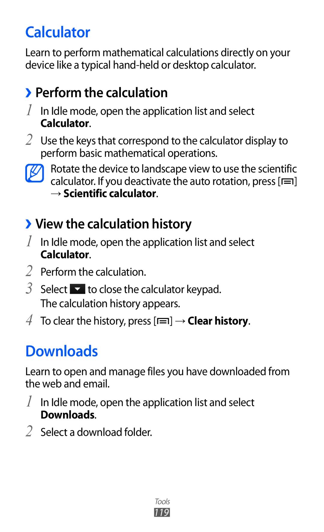 Samsung GT-I9100LKGXSK, GT-I9100LKGDBT Calculator, Downloads, ››Perform the calculation, ››View the calculation history 