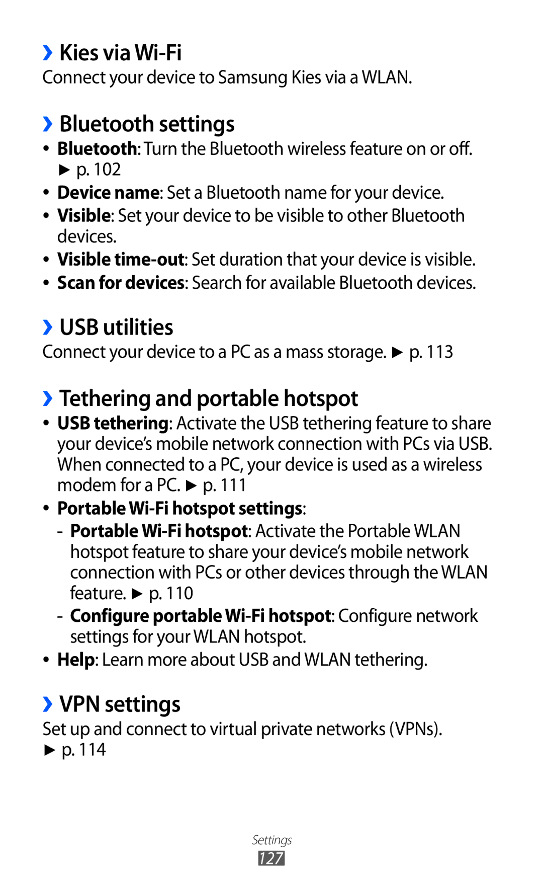 Samsung GT-I9100LKGXSK manual ››Kies via Wi-Fi, ››Bluetooth settings, ››USB utilities, ››Tethering and portable hotspot 