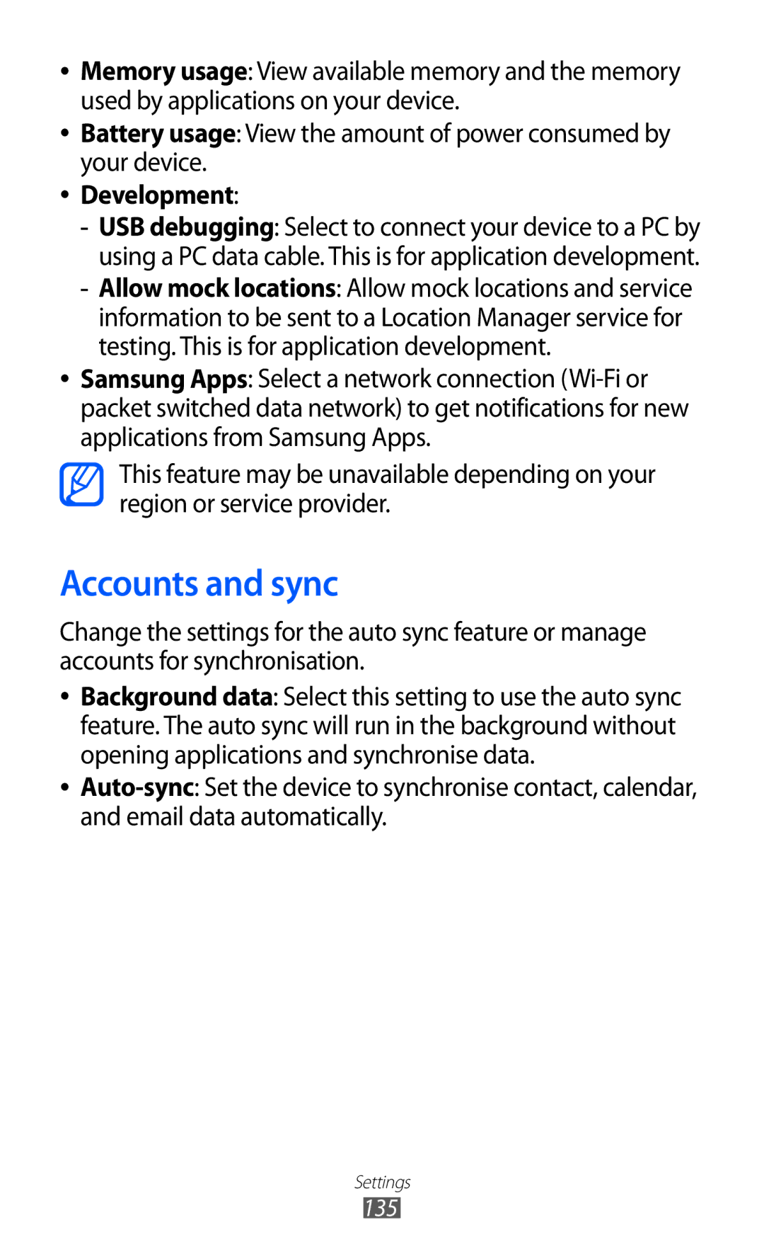 Samsung GT-I9100LKGXSK, GT-I9100LKGDBT, GT-I9100RWGDBT, GT-I9100LKGXEF, GT-I9100RWGXEF manual Accounts and sync, Development 