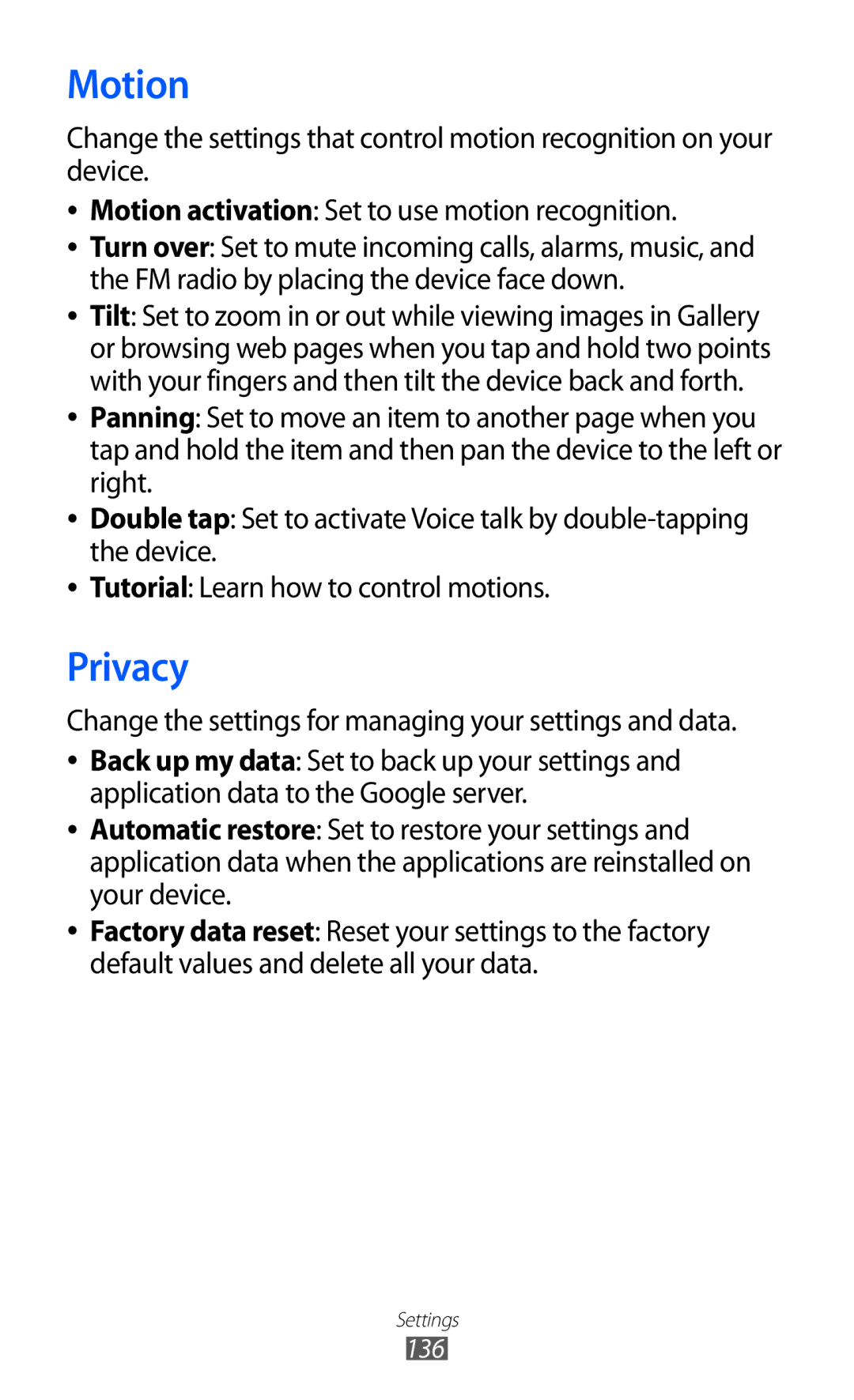 Samsung GT-I9100LKGDBT, GT-I9100RWGDBT, GT-I9100LKGXEF, GT-I9100RWGXEF, GT-I9100OIGXEF, GT-I9100RWGXEZ manual Motion, Privacy 