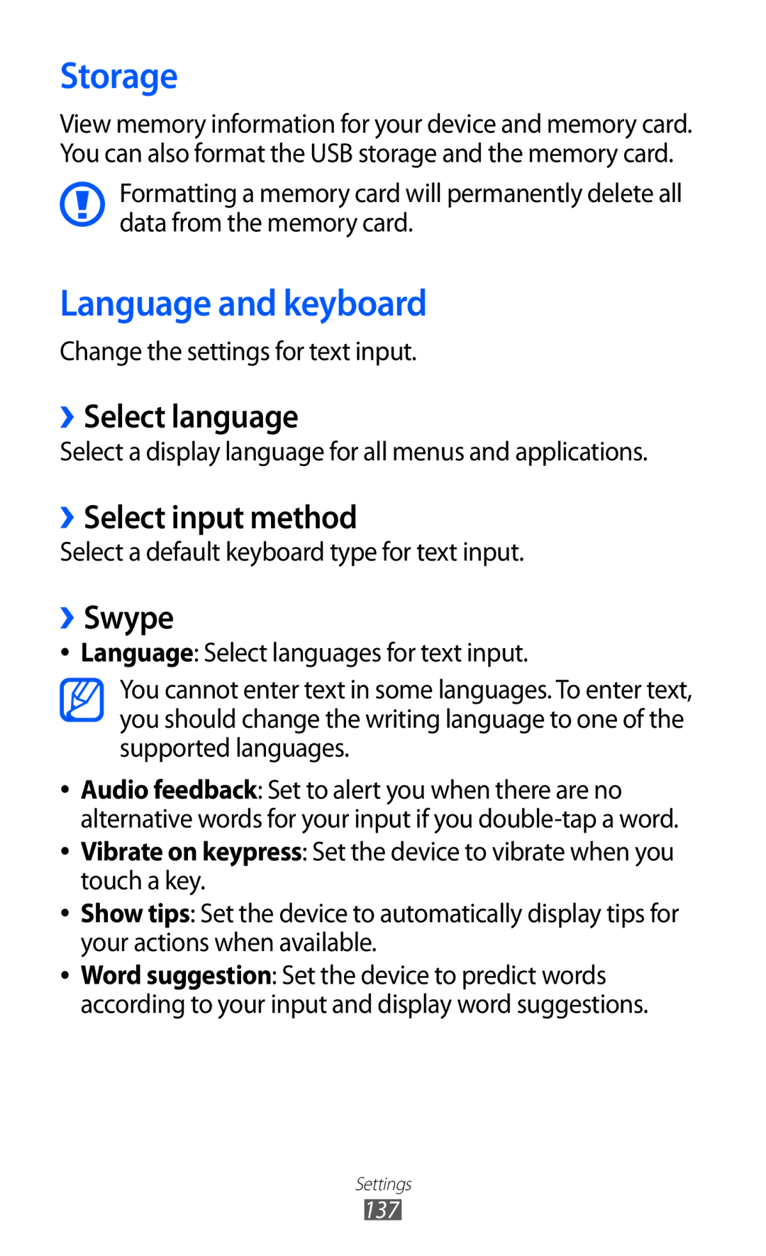 Samsung GT-I9100RWGDBT, GT-I9100LKGDBT Storage, Language and keyboard, ››Select language, ››Select input method, ››Swype 