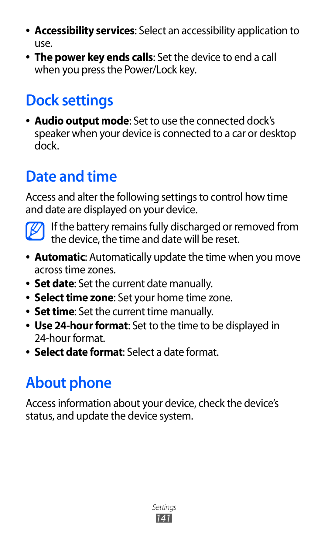 Samsung GT-I9100RWGXEZ, GT-I9100LKGDBT, GT-I9100RWGDBT, GT-I9100LKGXEF manual Dock settings, Date and time, About phone 