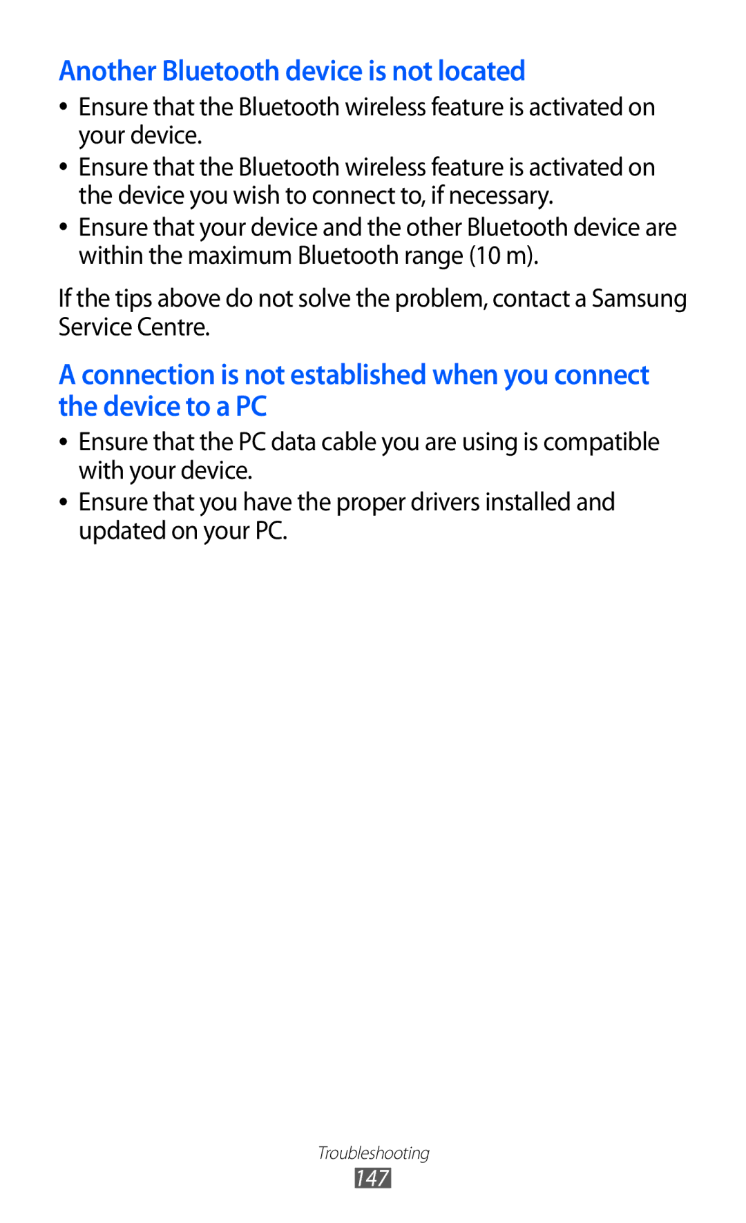 Samsung GT-I9100RWGXEF, GT-I9100LKGDBT, GT-I9100RWGDBT, GT-I9100LKGXEF manual Another Bluetooth device is not located 