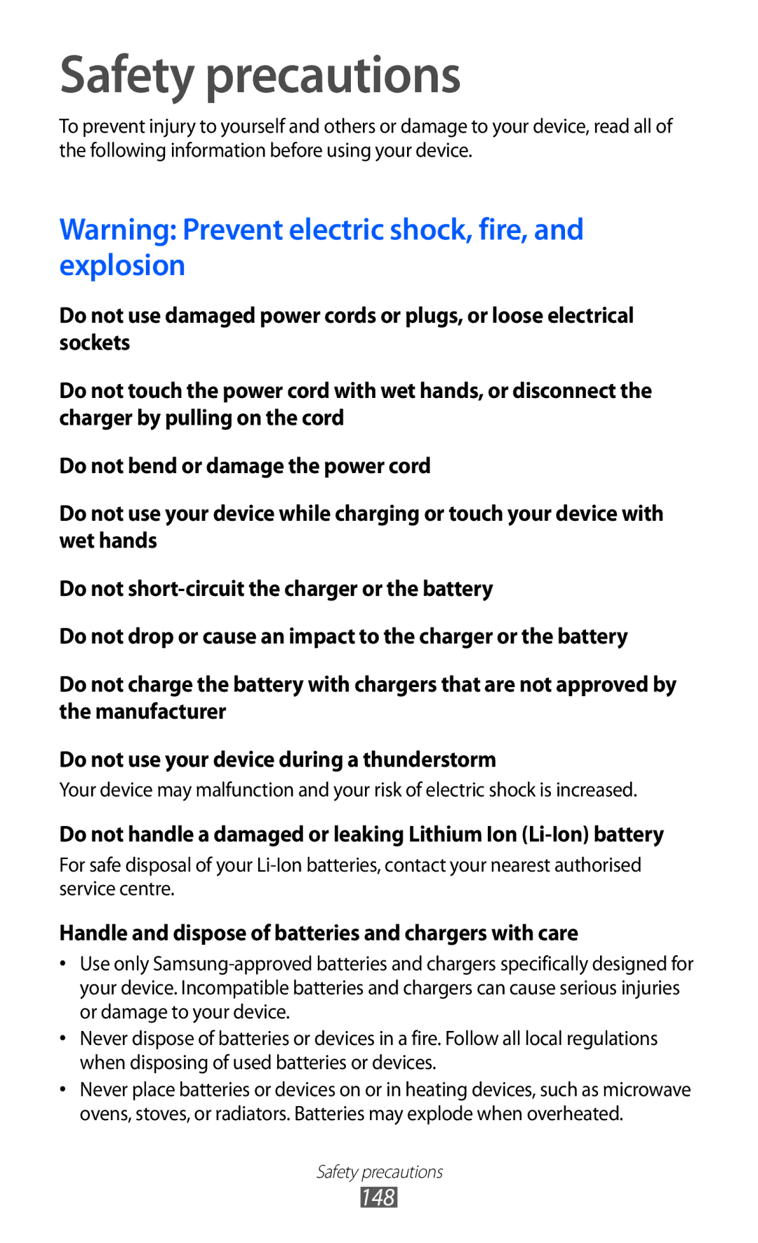 Samsung GT-I9100OIGXEF, GT-I9100LKGDBT manual Safety precautions, Handle and dispose of batteries and chargers with care 