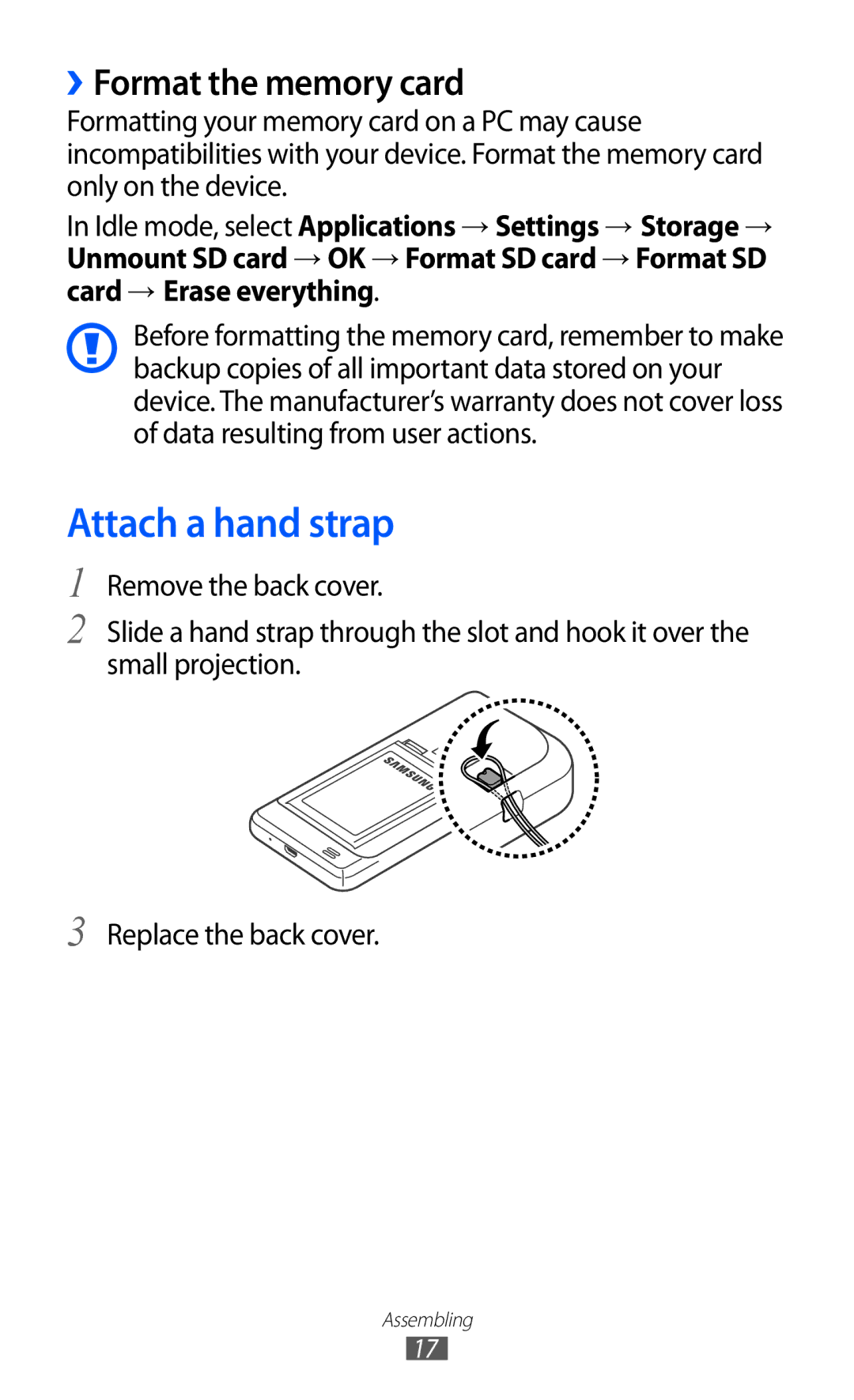 Samsung GT-I9100RWGDBT, GT-I9100LKGDBT, GT-I9100LKGXEF, GT-I9100RWGXEF manual Attach a hand strap, ››Format the memory card 