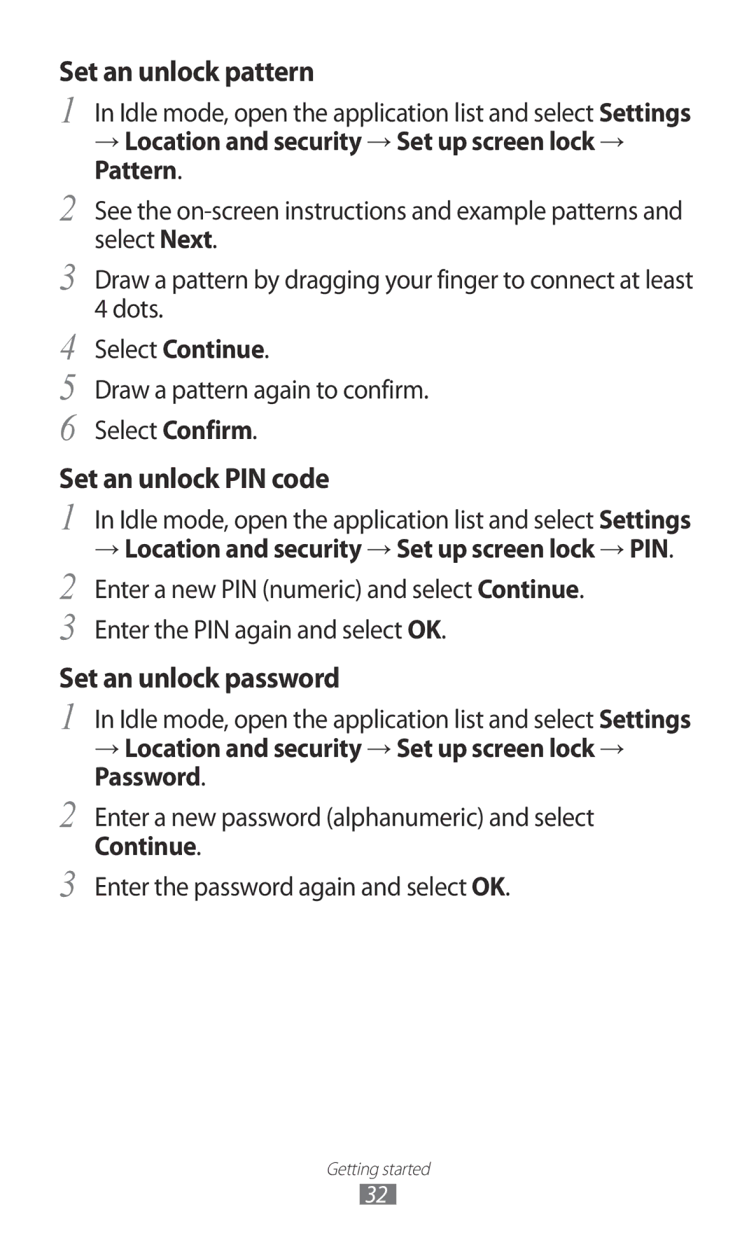 Samsung GT-I9100LKGDBT, GT-I9100RWGDBT, GT-I9100LKGXEF manual → Location and security → Set up screen lock → Pattern 