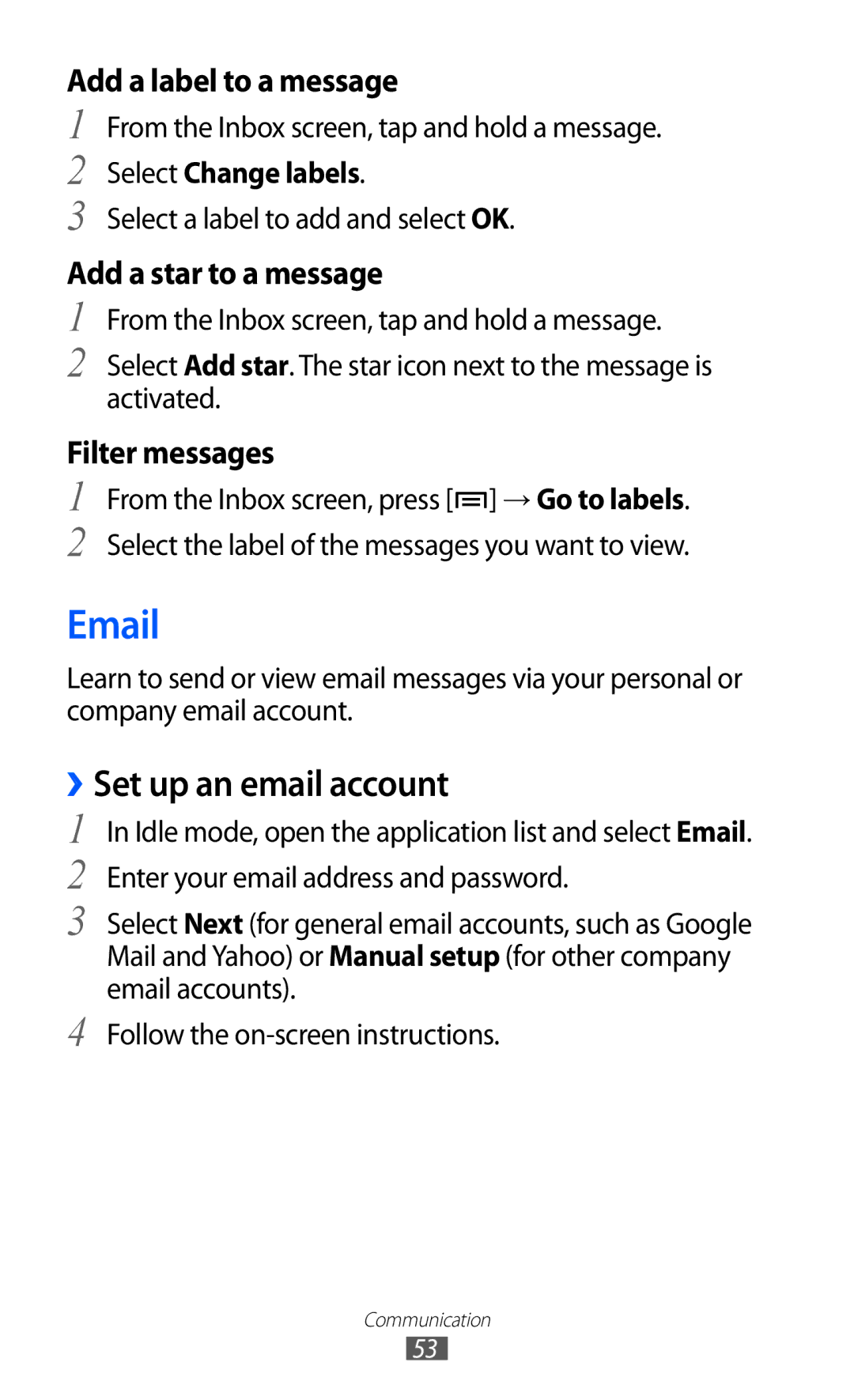 Samsung GT-I9100RWGXEZ, GT-I9100LKGDBT, GT-I9100RWGDBT, GT-I9100LKGXEF manual ››Set up an email account, Select Change labels 